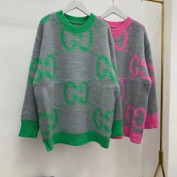 グッチブランドニットセーターレディースファッション潮流セーターゆったり グリーン ピンク 快適ニット上着 秋冬 暖かいコーディネートセーター