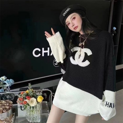 シャネル セーターハイブランド CHANEL 黒白パッチワーク ニットプルオーバー おしゃれ 高品質 大きいサイズ ゆったり ニットセーター 女 暖かい 通勤 お出掛け 秋冬