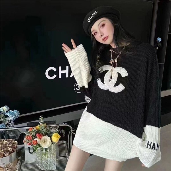 シャネル セーターハイブランド CHANEL 黒白パッチワーク ニットプルオーバー おしゃれ ...