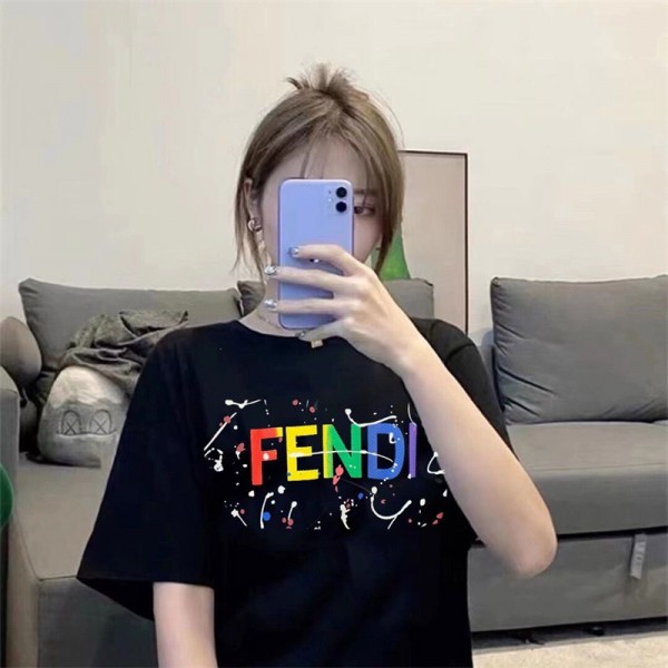 FENDIハイブランドtシャツフェンディ スタイリッシュ カラフルロゴ 半袖 tシャツ 夏 オーバーサイズ ルーズ tシャツ レディースメンズ 上着 トップス