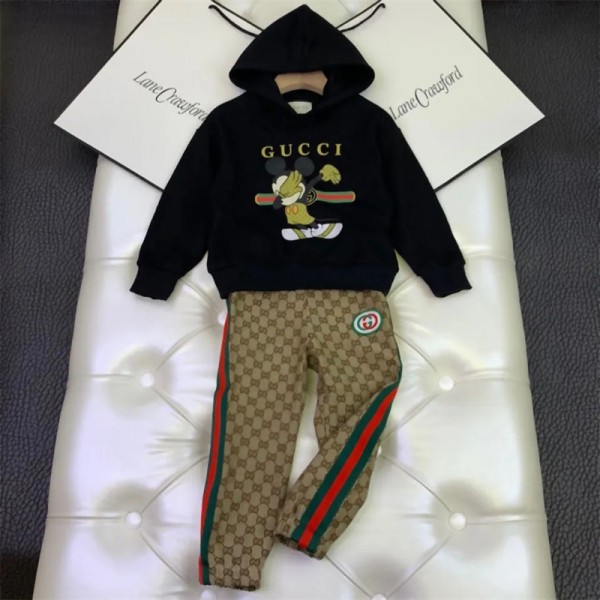 ハイブランドグッチ 子供服 Gucci ファッション コットン 着心地がよい パーカー 長パンツ 上下セット かわいい 裏起毛フード付き スウェット トレーナー ストレッチ ズボン