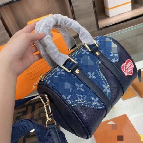 ルイヴィトンブランドボストンバッグ ハンドバッグ ファッションデニム 革パッチワークショルダーバッグ LV 高品質 大容量 斜め掛けバッグ